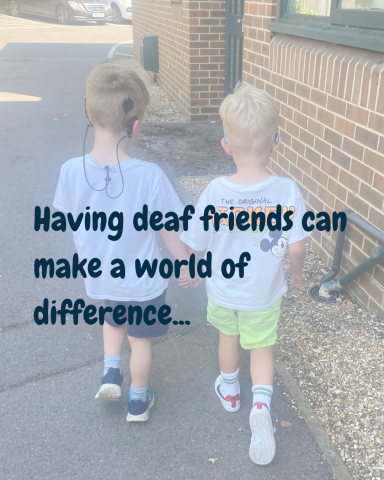 Two boys walking away from the camera holding hands, one wearing hearing aids, one wearing Cochlear Implants